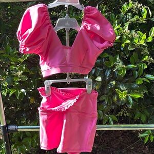 Bright Pink Bodysuit with Puffy Sleeves and White Band